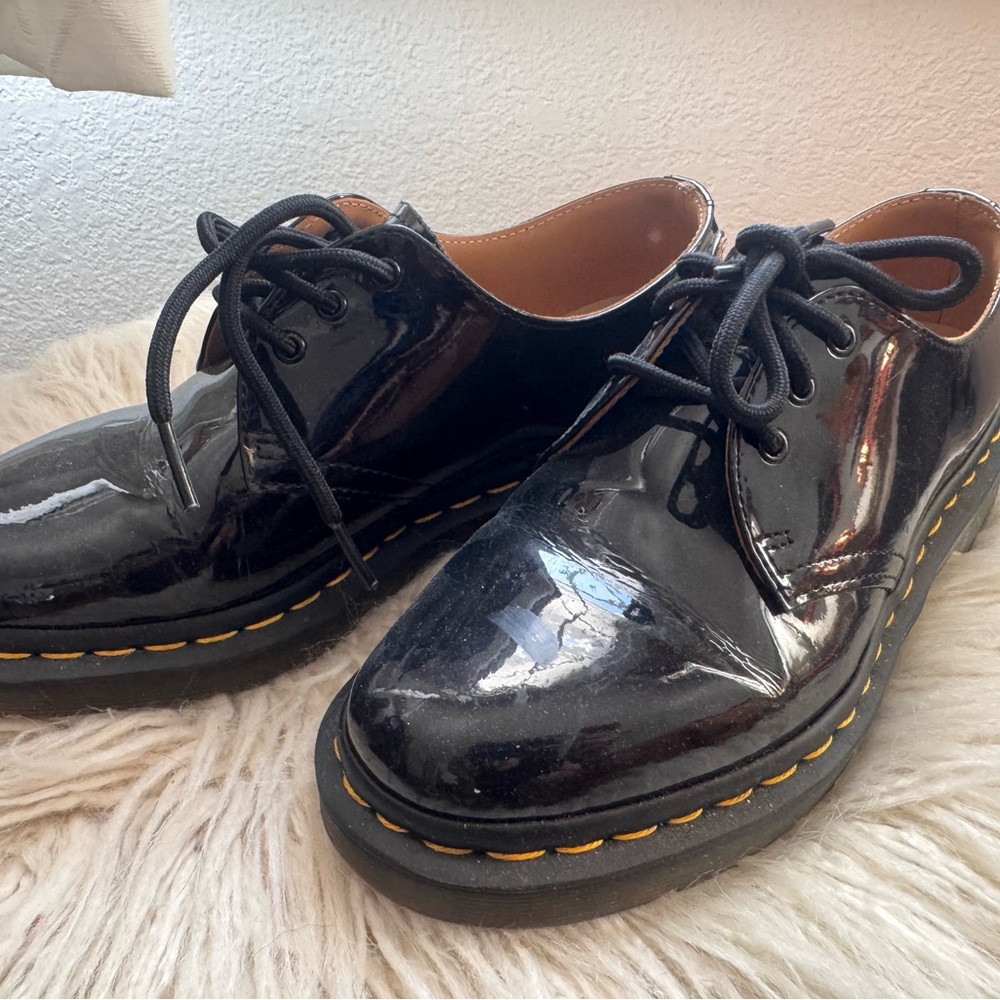 Dr. Martens Black Patent Leather 3-Eye Oxford with Yellow Stitching